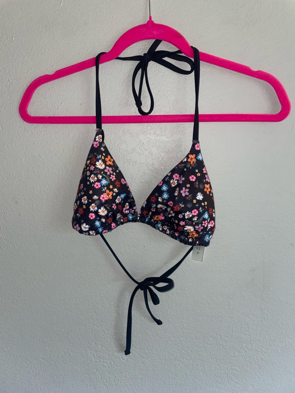 Black Floral Triangle Bikini Top Medium
